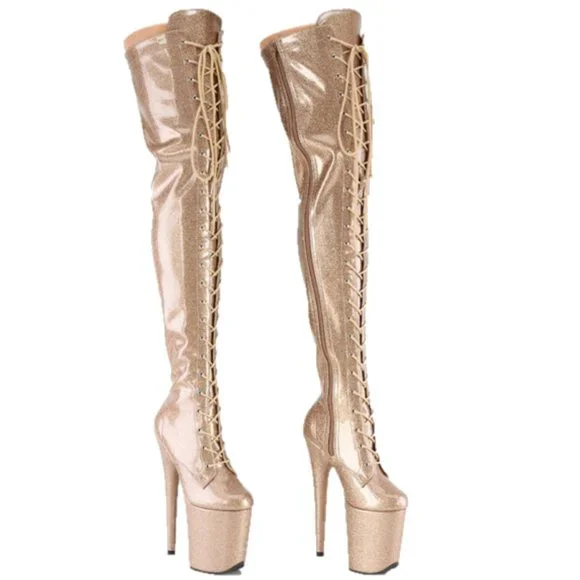 Gold Glitter Patent 3020 Lace Up Thigh High Platform Boots Flamingo 8" Heels - Picture 5 of 10